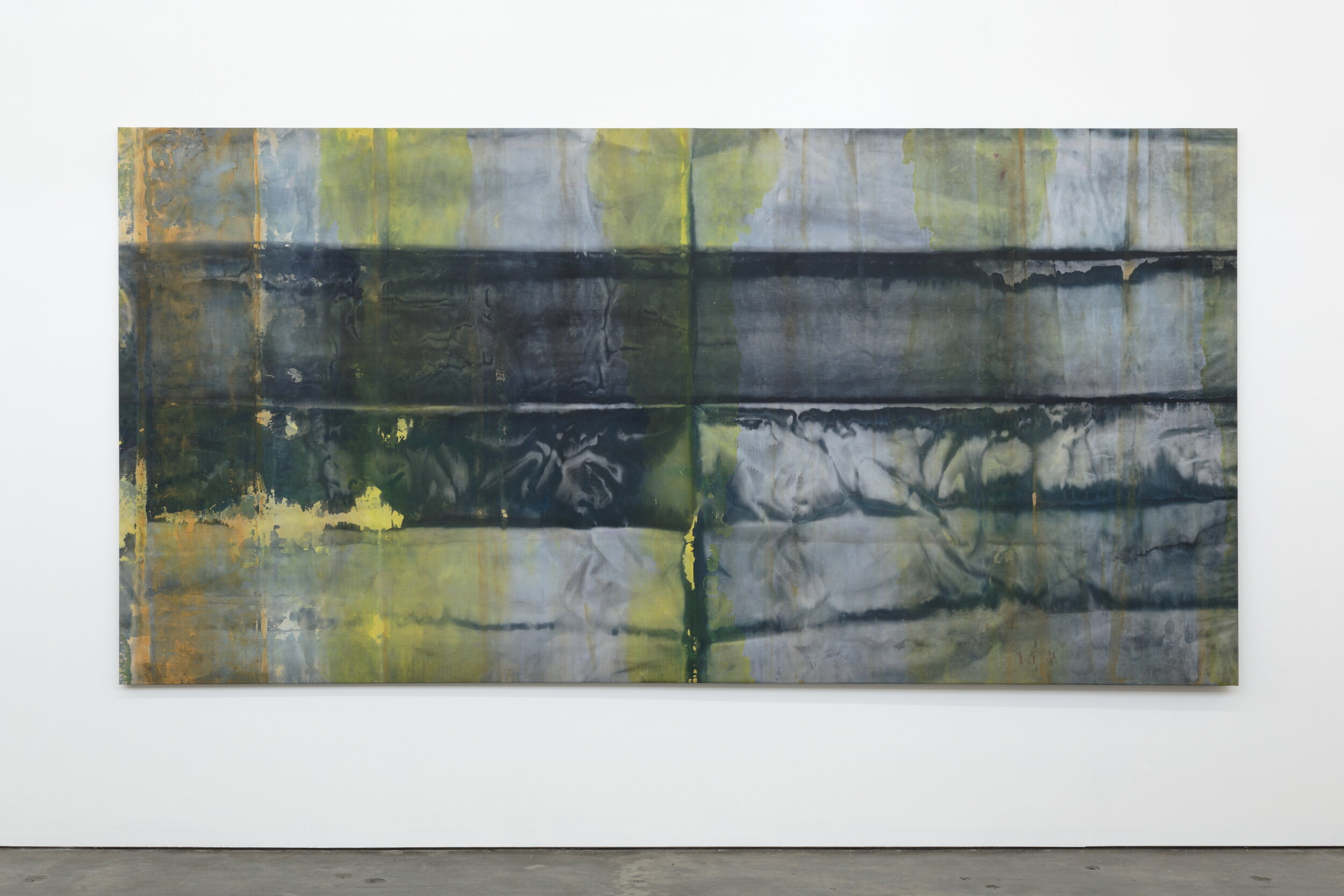   Visible Traces , 2019  Acrylic on knitted polyester voile  178 x 360 cm   