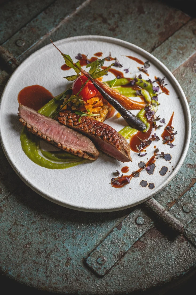 food photography of a duck main course restaurant and hotel in Wiltshire shot by Faydit Photography, food photographer Cornwall, Devon, Somerset