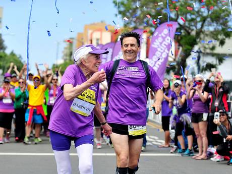 Thompson finished her 16th marathon in just over 7 hours and 24 minutes (Getty) Her husband died in January following a lingering illness and Thompson herself battled a staph infection in one of her legs.