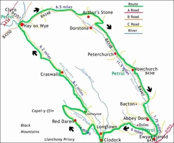 The border of the Golden Valley is from Hay-on-Wye in the north to Ewyas Harold in the south, and the Welsh border to the west and the Wye River to the east in the county of Herefordshire. It has 24 Parishes divided into nine Parish Administrative Groups and two District Council Wards.