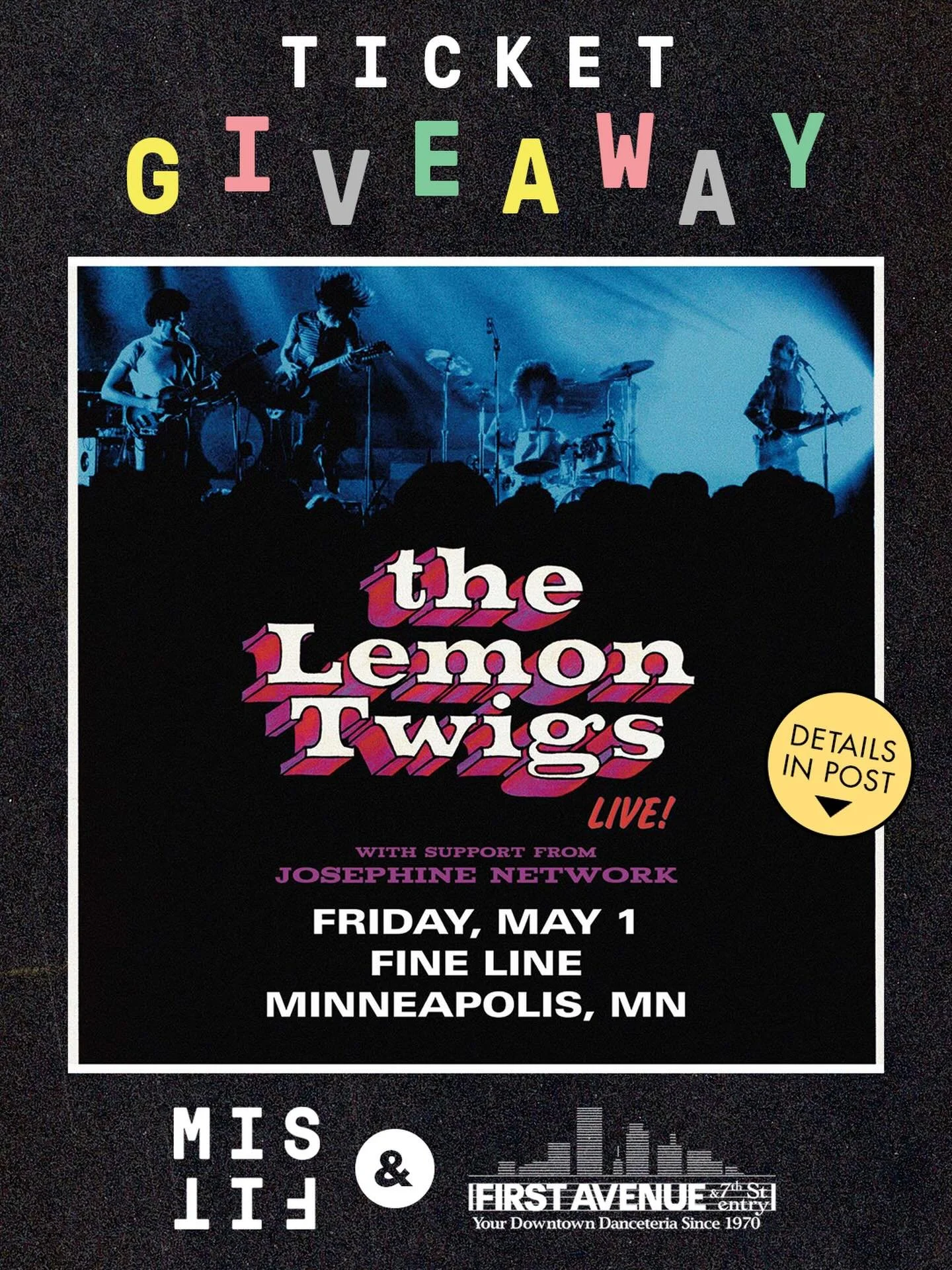 New month = new coffee + concerts with @firstavenue ft. @thelemontwigs at @finelinempls 

WHAT IS IT?
Free coffee + tickets (1 bag, 2 tickets)
Must be local &mdash; beans picked up in-store at Misfit Coffee, Tickets at box office 

WHY?
Because we&rs