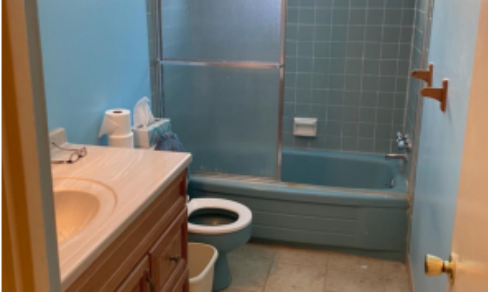 •	Blue-tiled bathroom before full renovation, Howard County MD