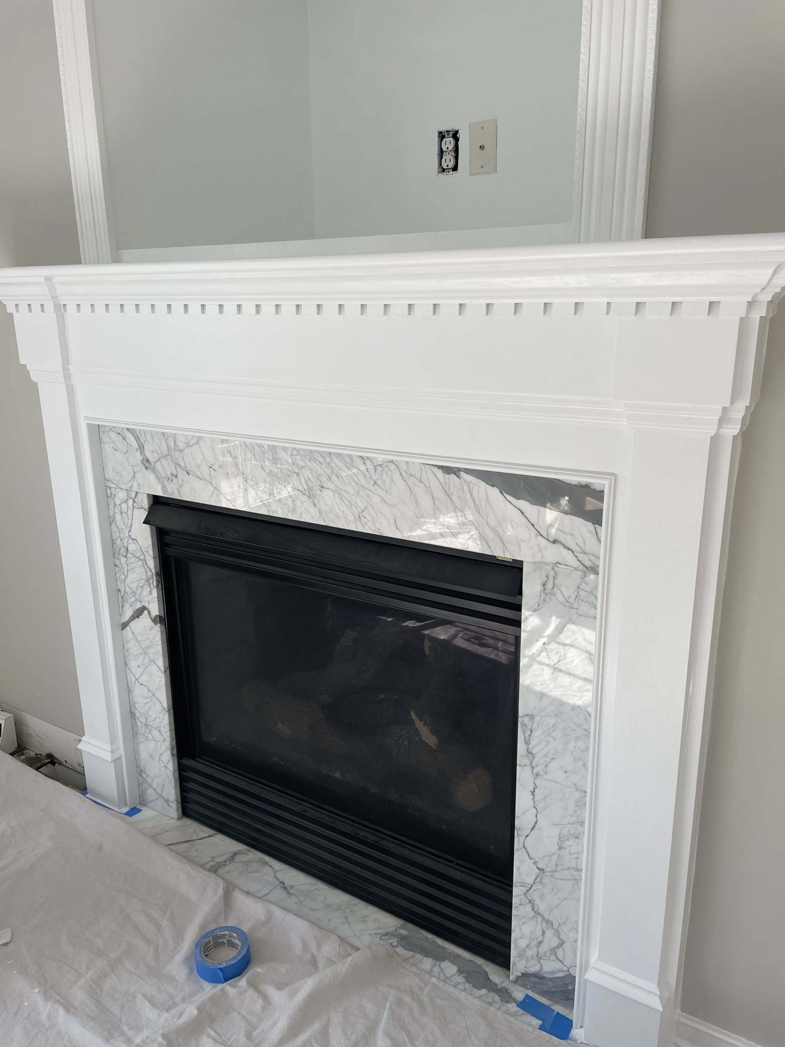 Painted fireplace mantle before and after, Columbia MD home