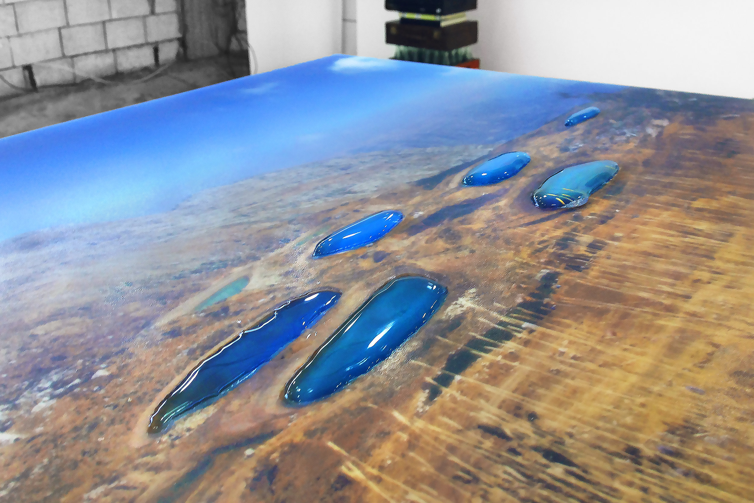 Laqlouq Lakes II , detail, 2014, double-sided digital c print sandwiched in plexiglass, hydrophobic coating, water (replaced daily), glass terrarium, gravel, birch wood base, 30"x 24"x 42" (61 cm x 76.2 cm)