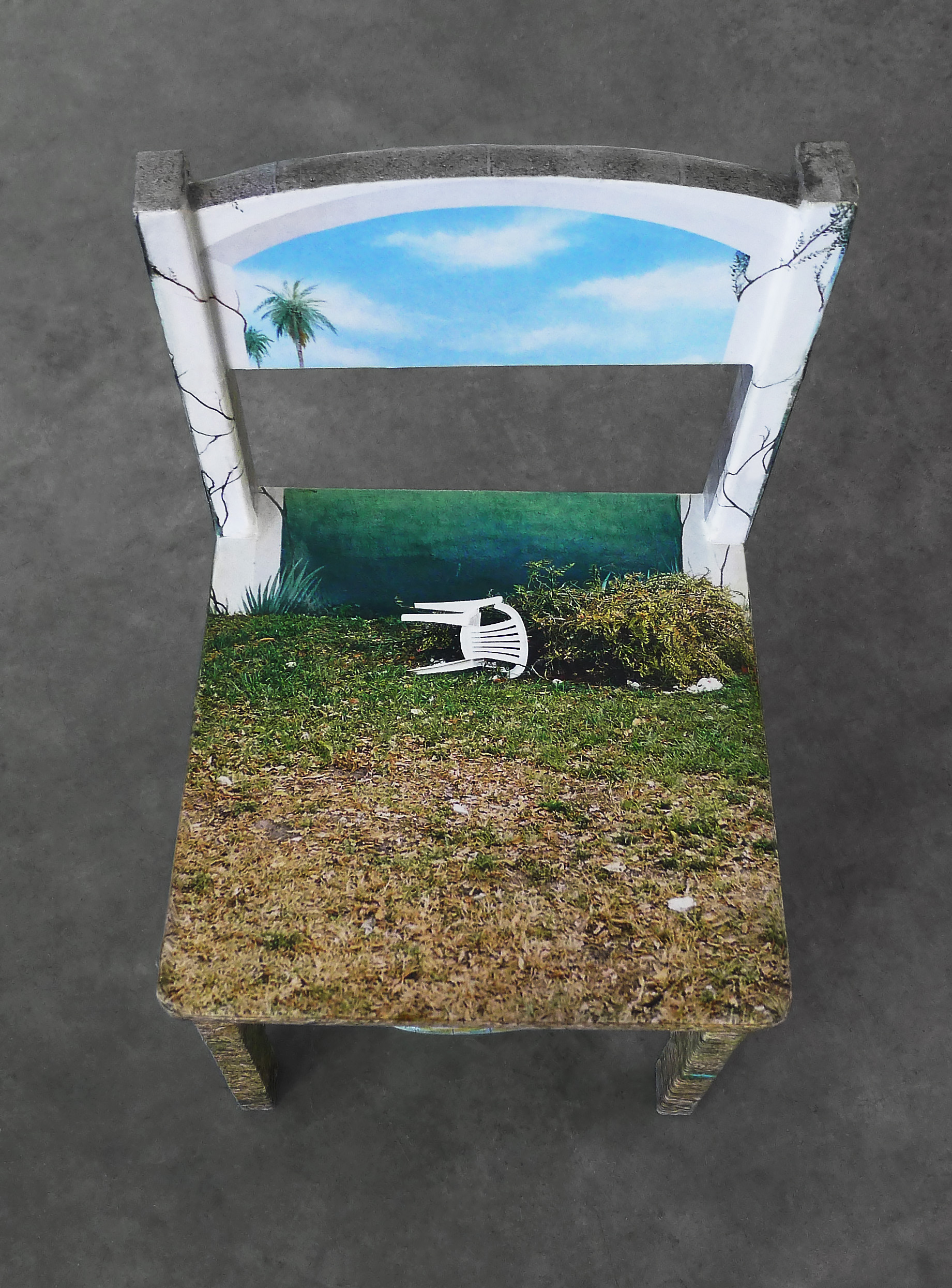 Chair Mural II , detail, 2014, archival inkjet print, glue, wood chair, inflatable globe, 11"x 11.5"x 21" (28 cm x 29.2 cm x 53.3 cm)