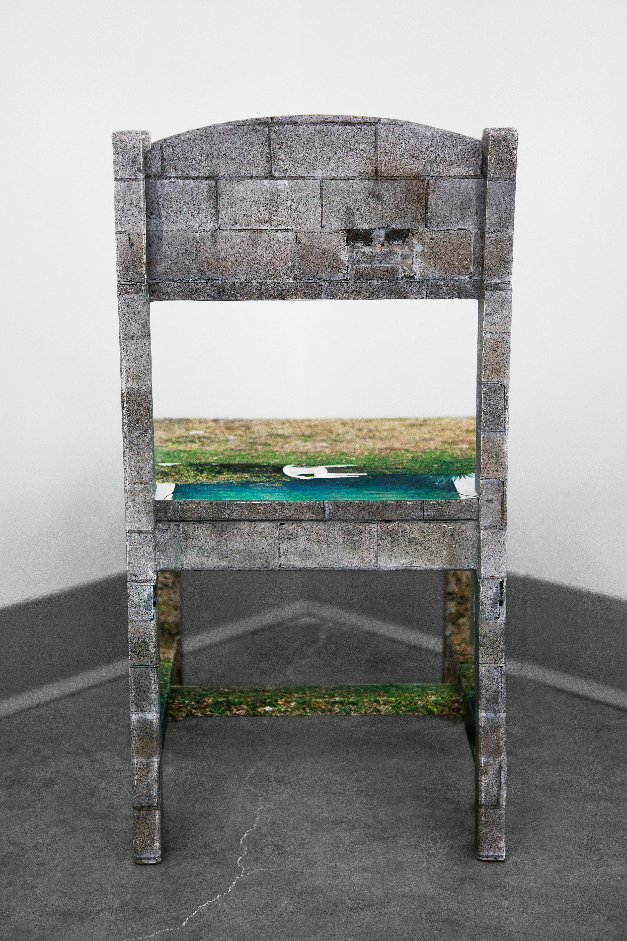 Chair Mural II , back view, 2014, archival inkjet print, glue, wood chair (inflatable globe not pictured), 11"x 11.5"x 21" (28 cm x 29.2 cm x 53.3 cm)