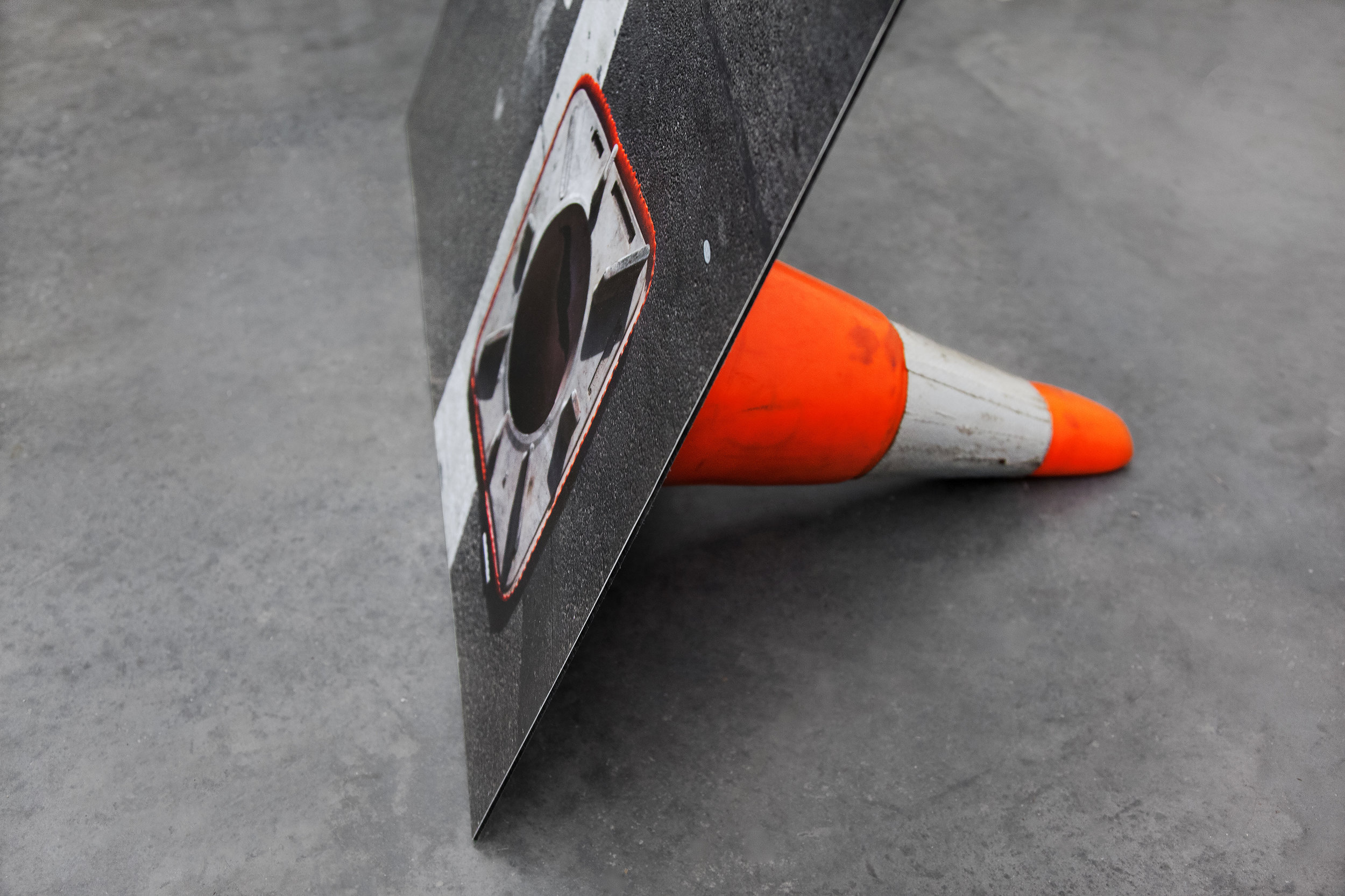 Traffic Cone , detail, 2014, archival inkjet print on dibond, foam sealant, traffic cone, 26"x 40"x 60" (66 cm x 101.6 cm x 152.4 cm)