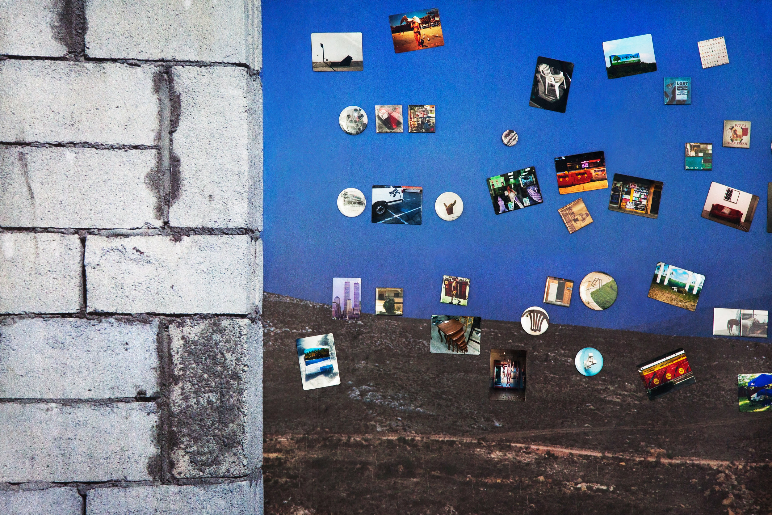 Wallpaper , detail, 2014, magnetic primer, vinyl wallpaper, photo magnets, ethernet cord, 96"x 144" (243.8 cm x 365.8 cm)