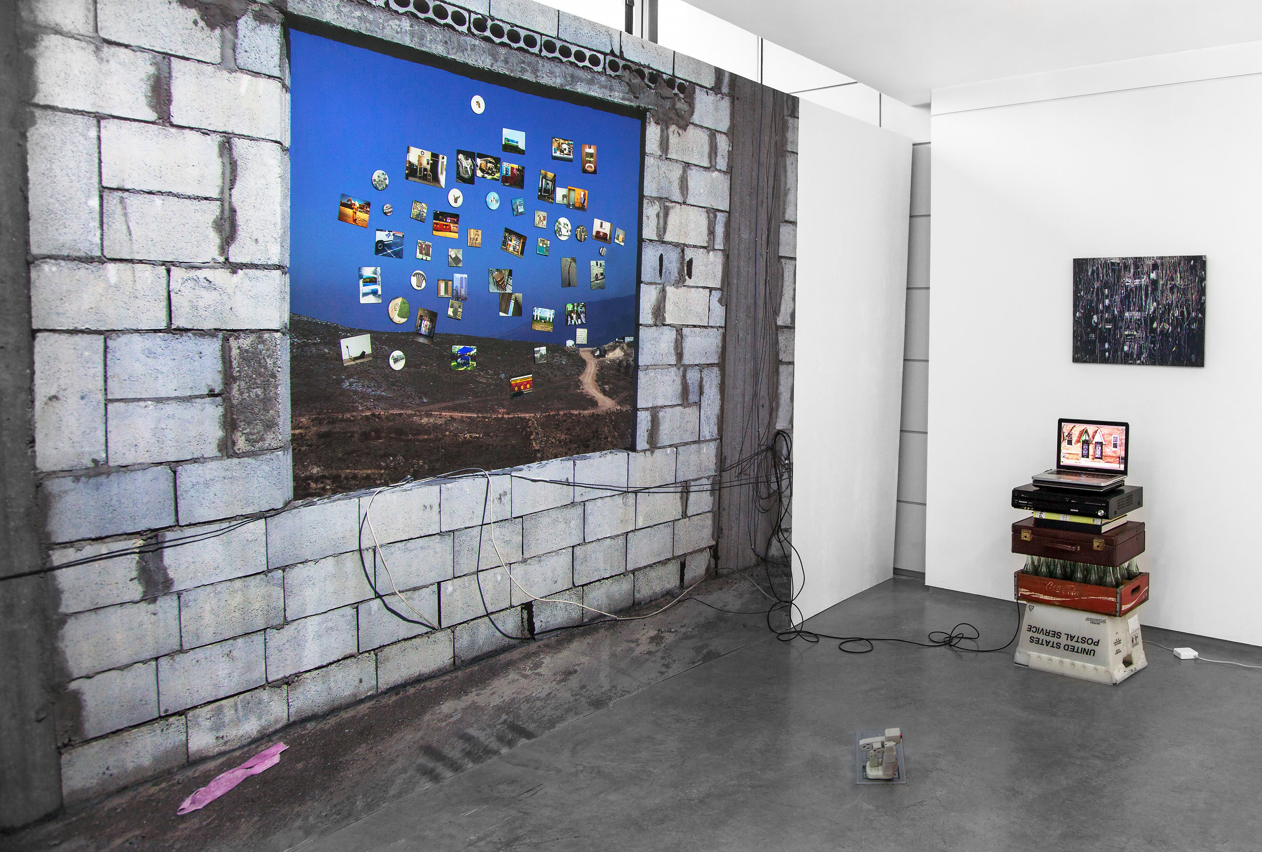 Wallpaper , 2014, magnetic primer, vinyl wallpaper, photo magnets, ethernet cord, 96"x 144" (243.8 cm x 365.8 cm)