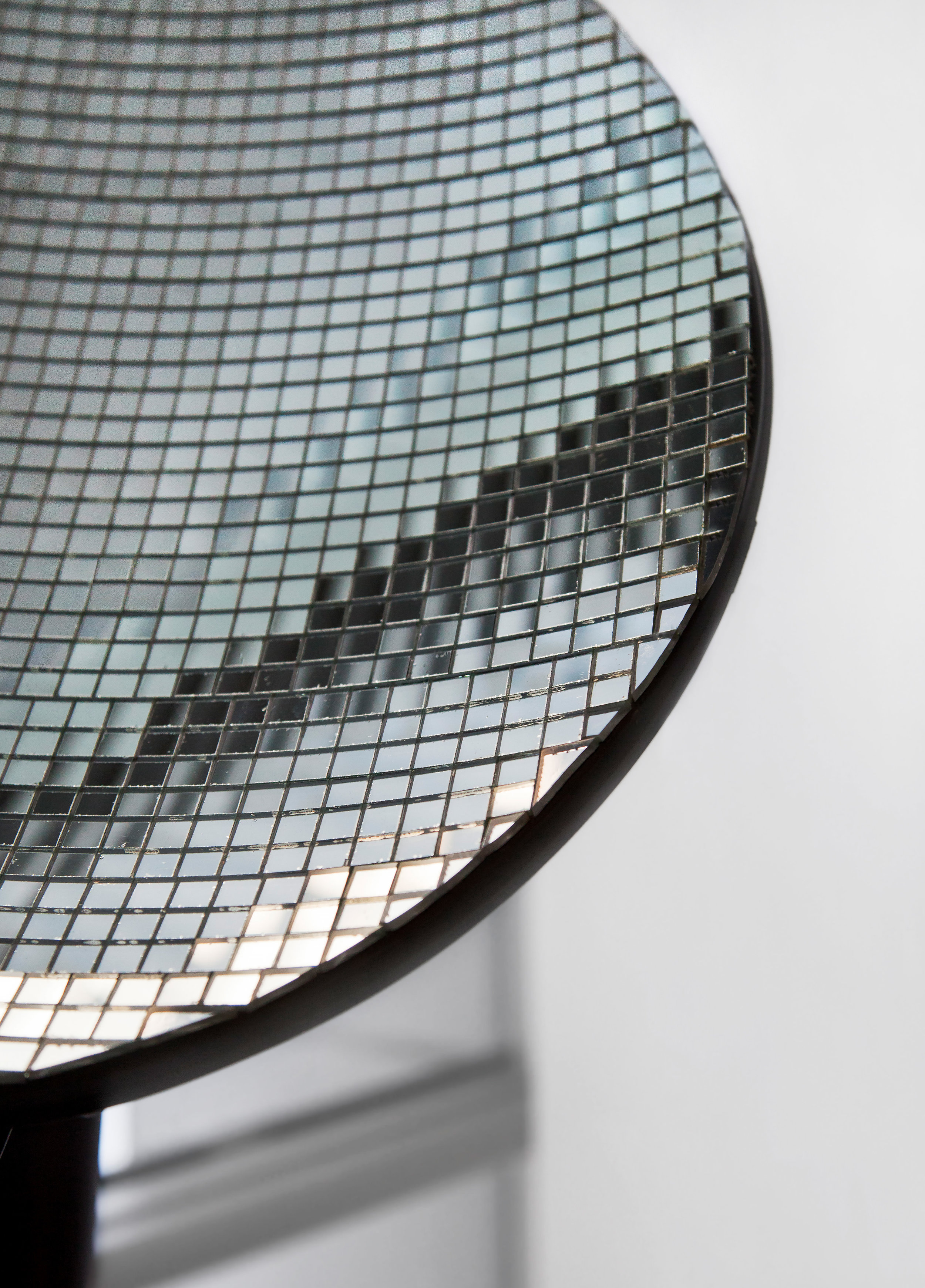 Reflector , detail, 2014, satellite dish, glue, glass mirror tiles, 18"x 20" (45.7 cm x 50.8 cm)
