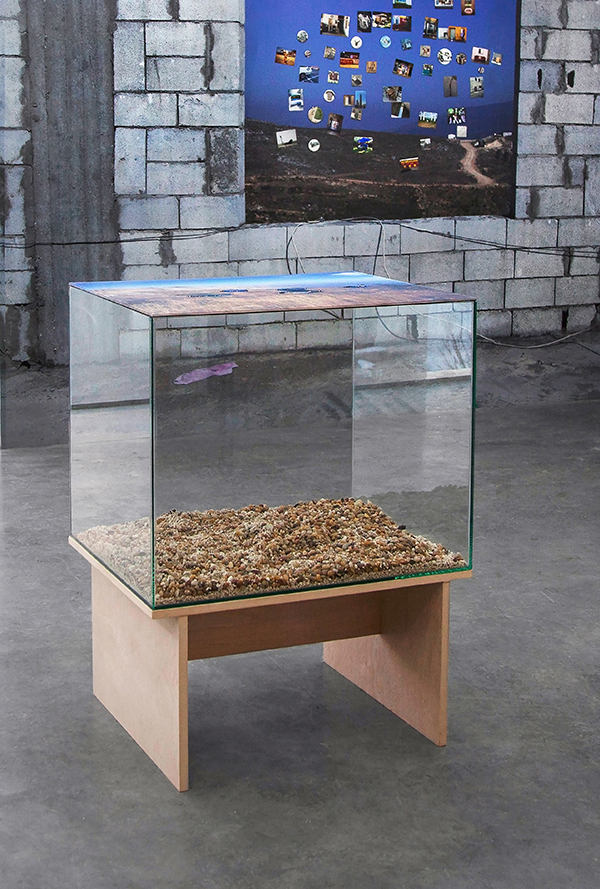 Laqlouq Lakes II , 2014, double-sided digital c print sandwiched in plexiglass, hydrophobic coating, water (replaced daily), glass terrarium, gravel, birch wood base, 30"x 24"x 42" (61 cm x 76.2 cm)