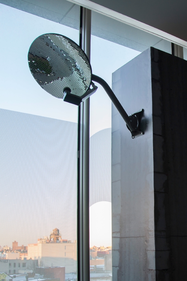 Reflector , 2014, satellite dish, glue, glass mirror tiles, 18"x 20" (45.7 cm x 50.8 cm)