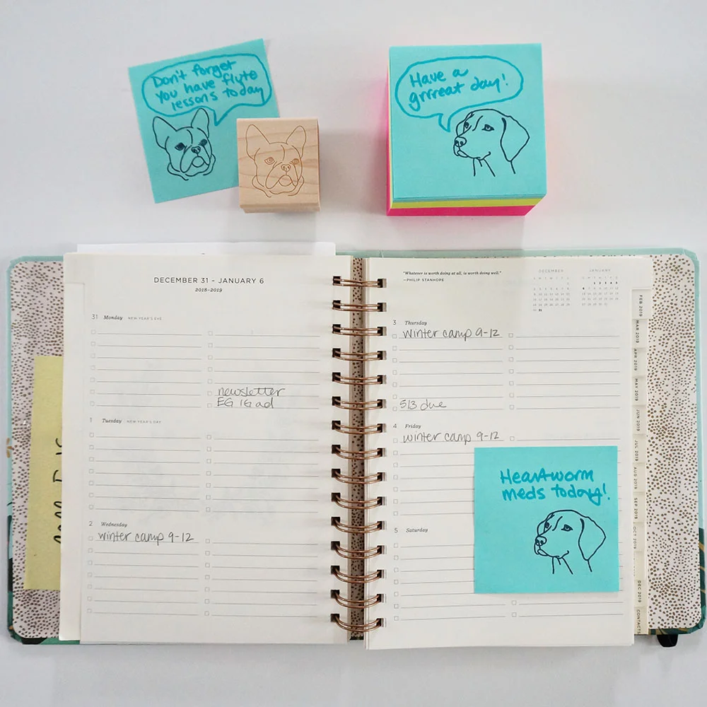 Leave the cutest school lunch notes and helpful calendar reminders when you stamp your Post-it Notes.