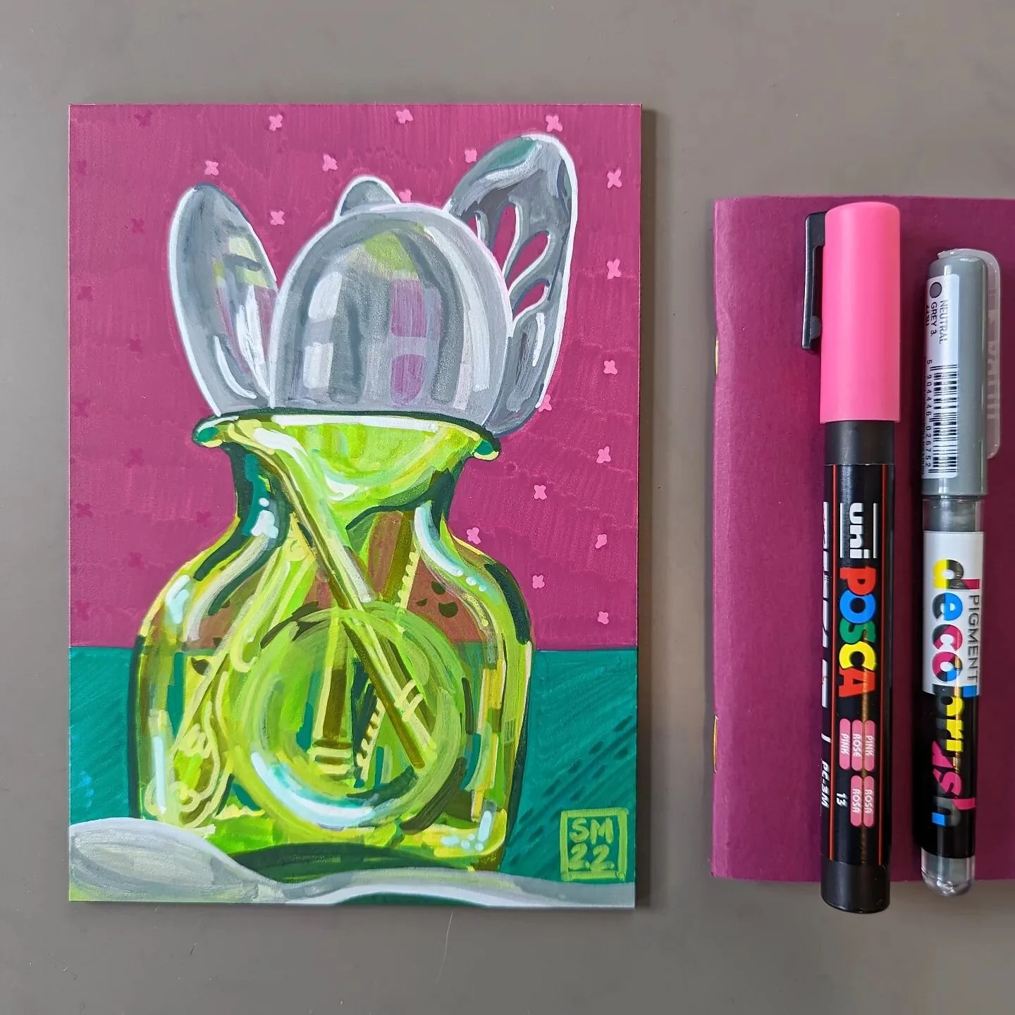 Reflections &amp; glass: vase my mom bought at a rest stop and silver serving spoons 💚💕 5x7&quot; gessobord, combination of POSCA and Karin DecoBrush markers.