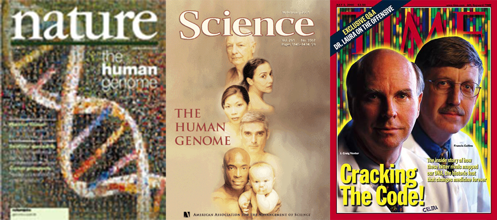 Journal and magazine covers celebrating the sequencing of the human genome