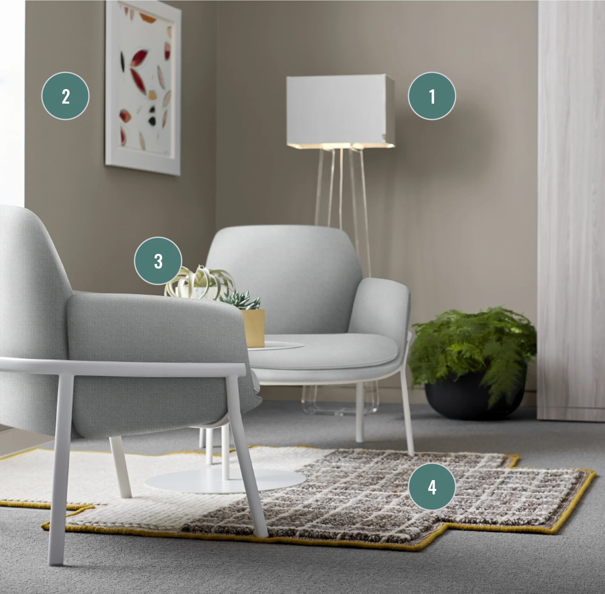 For example, use Kayhan’s Fringe service to: 1. Create shadows with lighting (shown Tube Top by Haworth ) 2. Add depth on flat surfaces with artwork 3. Soften a space with greenery and accessories 4. Define an area with a textured rug (shown Mangas Space by Haworth )