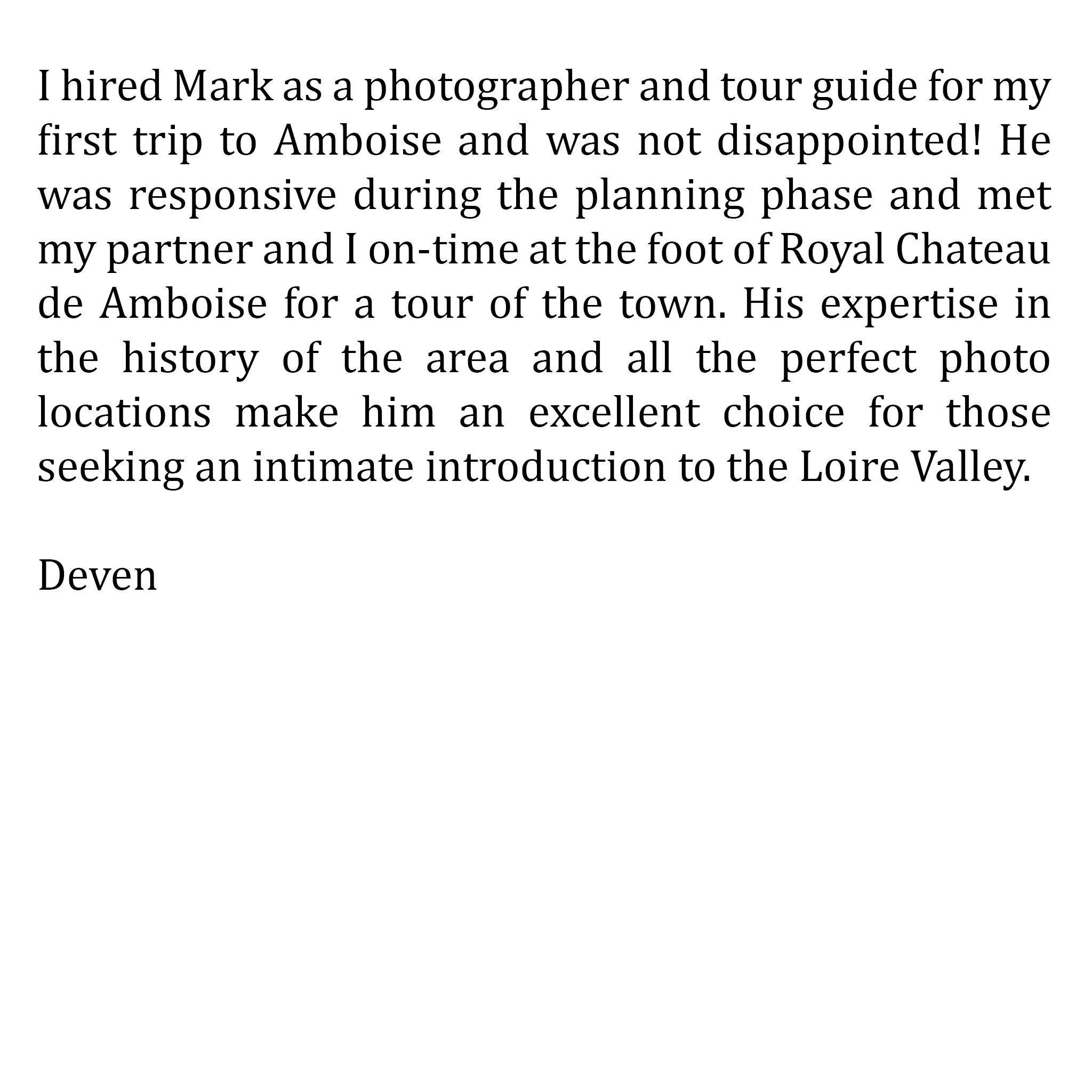 Letter describing a trip to Amboise with a tour guide named Mark, mentioning his expertise in the Loire Valley and the Royal Chateau de Amboise.