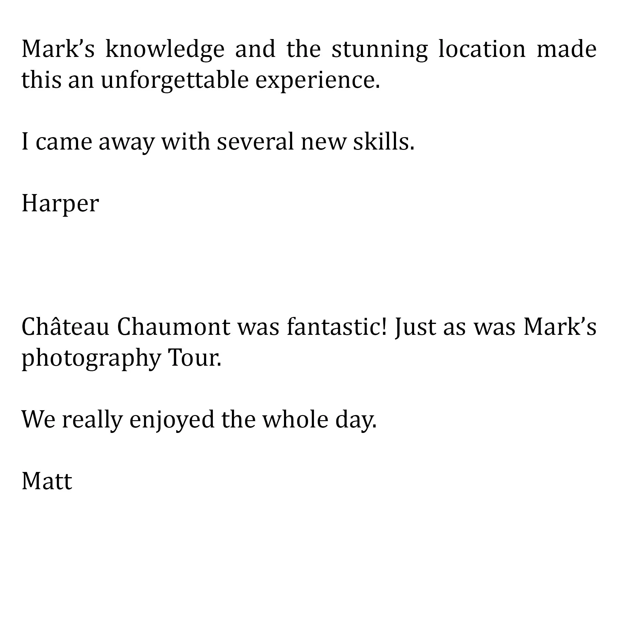 A page of text with a testimonial about a photography tour at Château Chaumont, mentioning the skills gained and enjoyment of the experience.