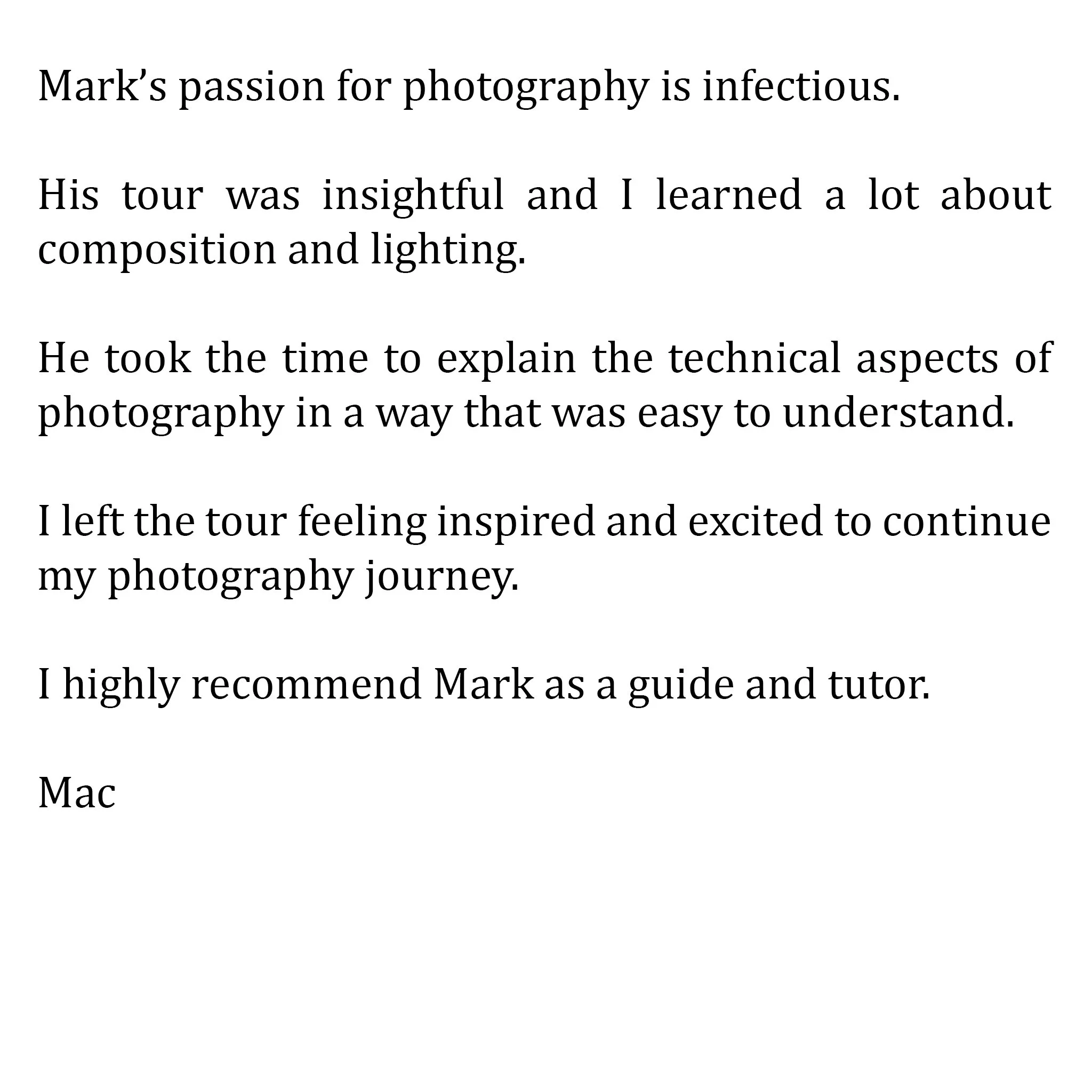 Photograph of a page of text expressing a positive review of a photography tour and guide named Mark, highlighting his teaching and inspiring impact.