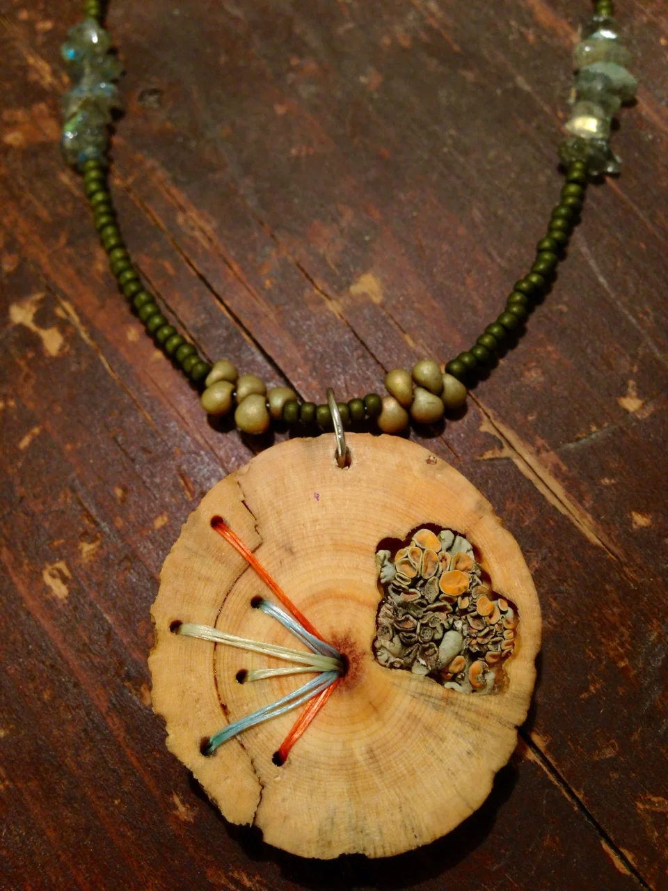Pine necklace with lichen inlay. Materials from Summit County, CO.