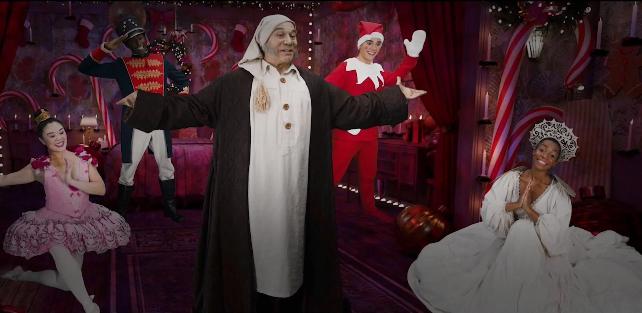 [Left to Right] Kristen Faith Oei, Samuel Lee Roberts, Danny Burstein as Ebenezer Scrooge, Michael Francis McBride, and Michele Lee