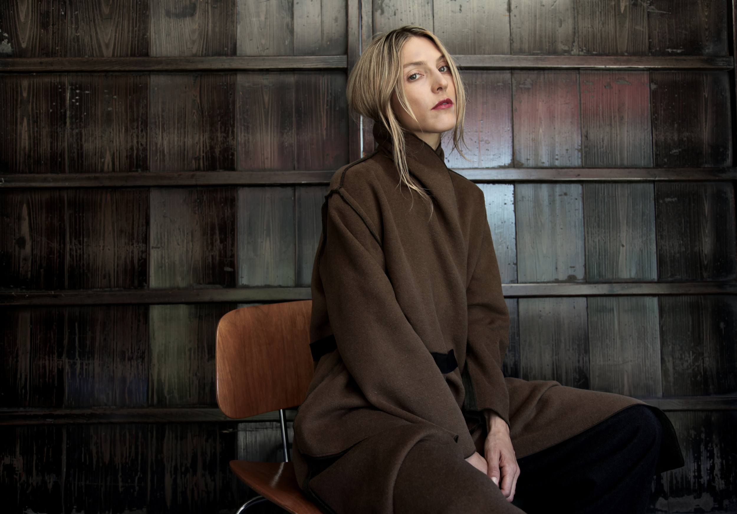 Amy wears the London Coat in double-sided wool.