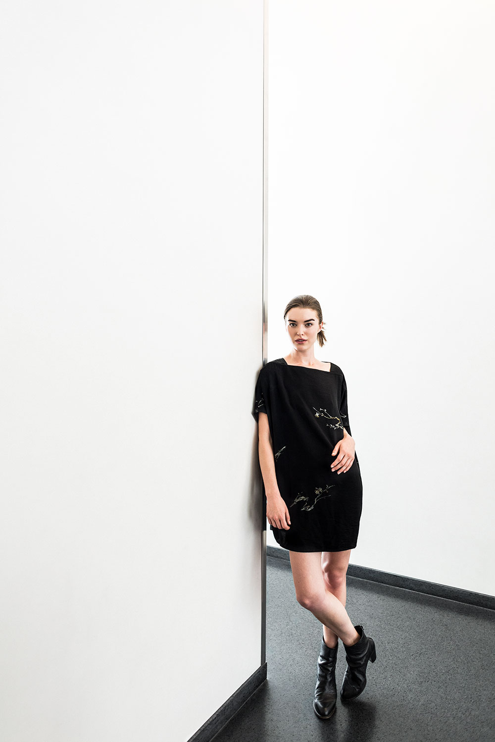 Wedge Dress in vintage Japanese silk damask with metallic motif
