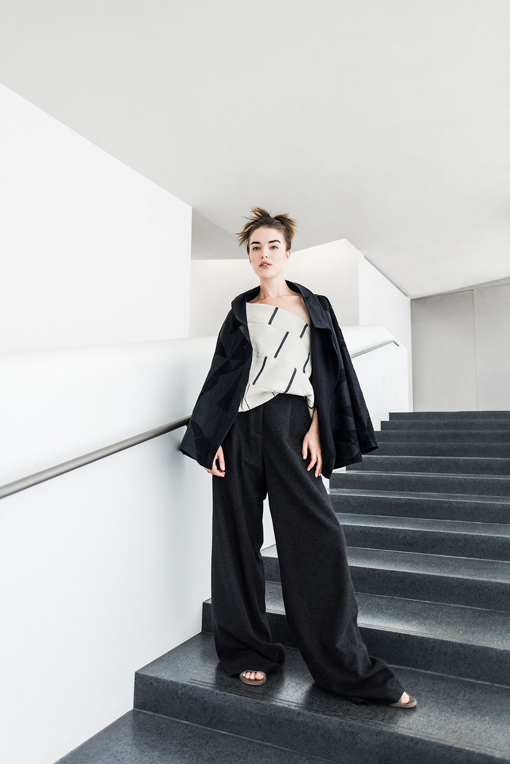 Walking Jacket in mola cloth created in-house in baby camel hair and linen; Dosa Indian cotton scarf worn as one-shoulder top; Wide-Leg Pant in Italian cashmere