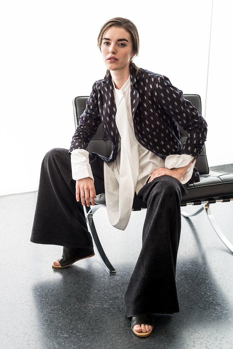 Kate Jacket in vintage Japanese indigo ikat; Tilt Shirt in Japanese cotton with asymmetric hemline; Wide-Leg Pant in Italian cashmere