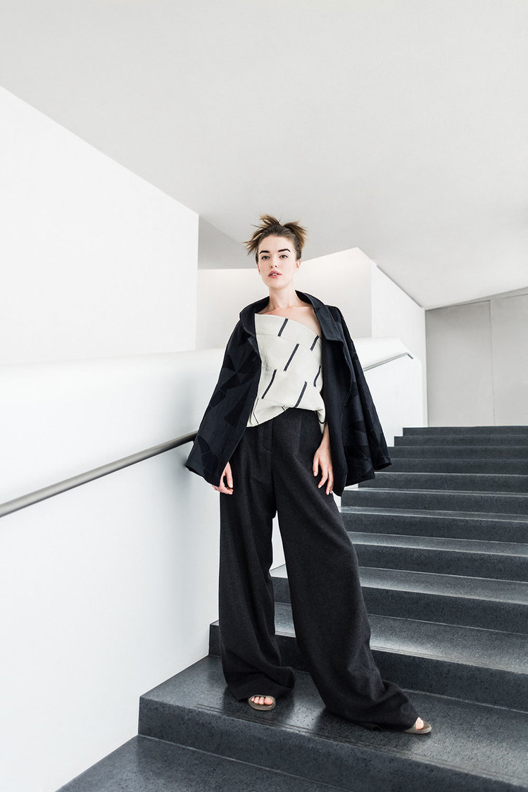 Walking Jacket in mola cloth created in-house in baby camel hair and linen; Dosa Indian cotton scarf worn as one-shoulder top; Wide-Leg Pant in Italian cashmere