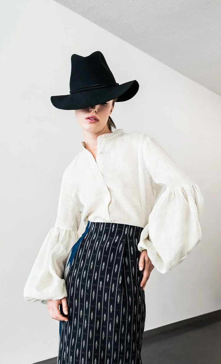 Pouf Sleeve Shirt in vintage Japanese linen ikat; Skinny Skirt in vintage Japanese silk ikat.