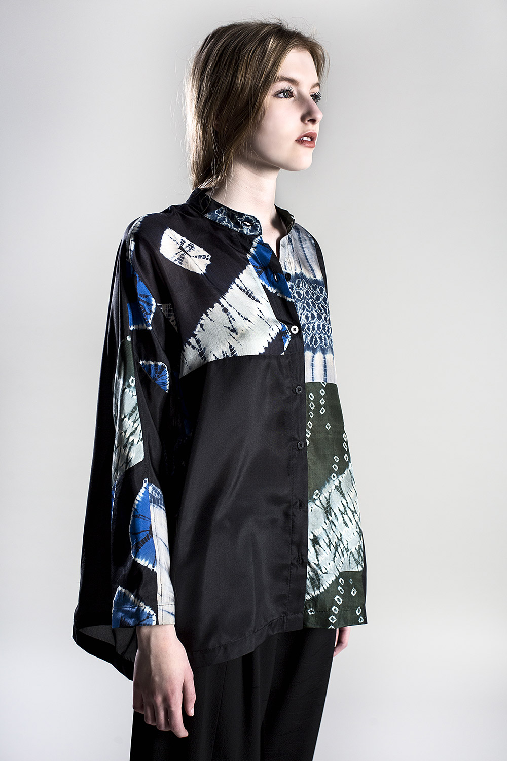 Above: Example of pairing a couple of vintage fabrics – Japan Shirt in Mixed Tie-dyed Silks