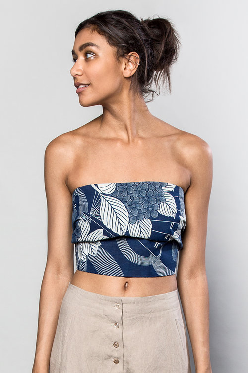 Our Obi Bandeau is a gift your husband will want to buy you, no question! Made of vintage Japanese floral cotton with vintage tie-dyed silk ties you can tie in back to have the ties hanging long, or wrap twice. $295