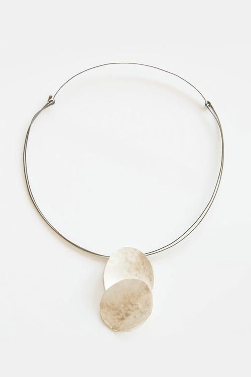 A one-of-a-kind Necklace by artisan Reiko Ishayama to gift your mother. Reiko handcrafted this oxidized silver double disc necklace on molded silver double wire for a delicately modern effect. $595