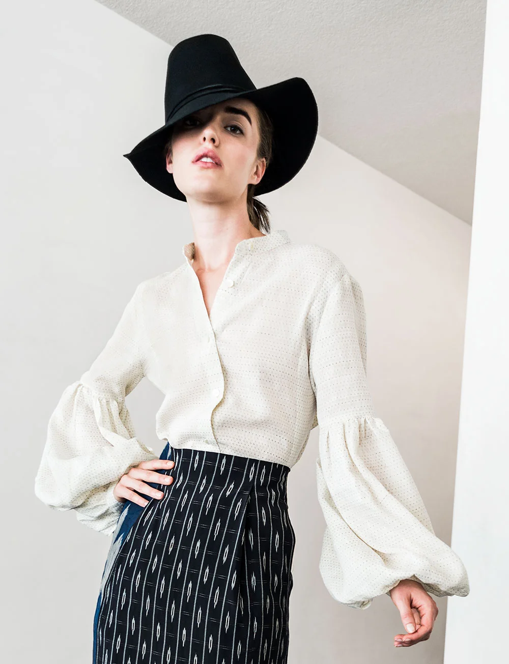 Skinny Skirt in Indigo Ikat Mix $895 | Pouf Sleeve Blouse in Vintage Linen Ikat $1,295
