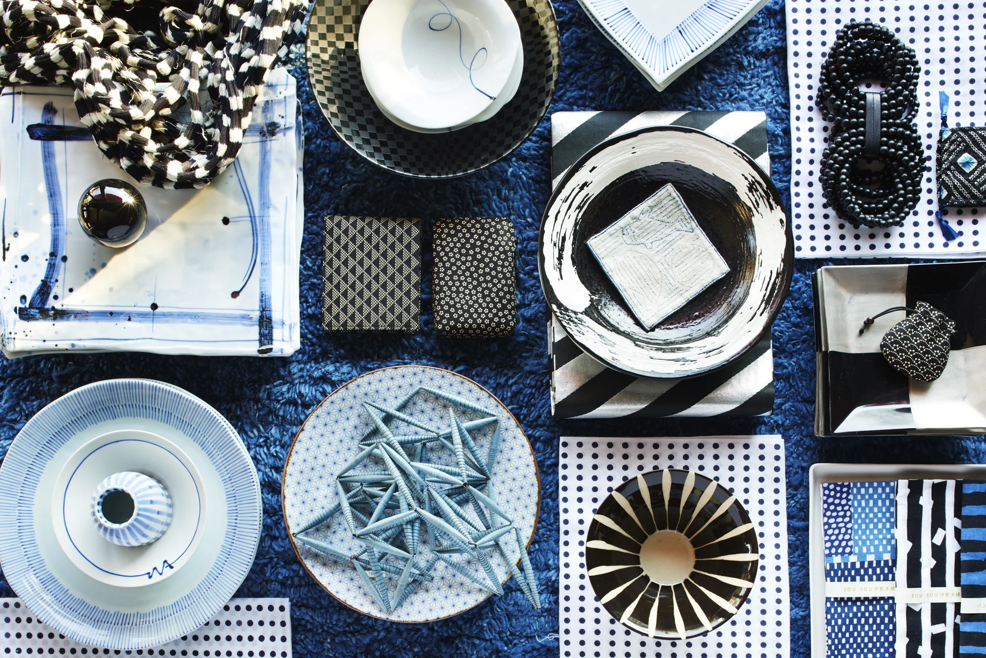 Assortment of Blue and White Japanese Dishes and Accessories
