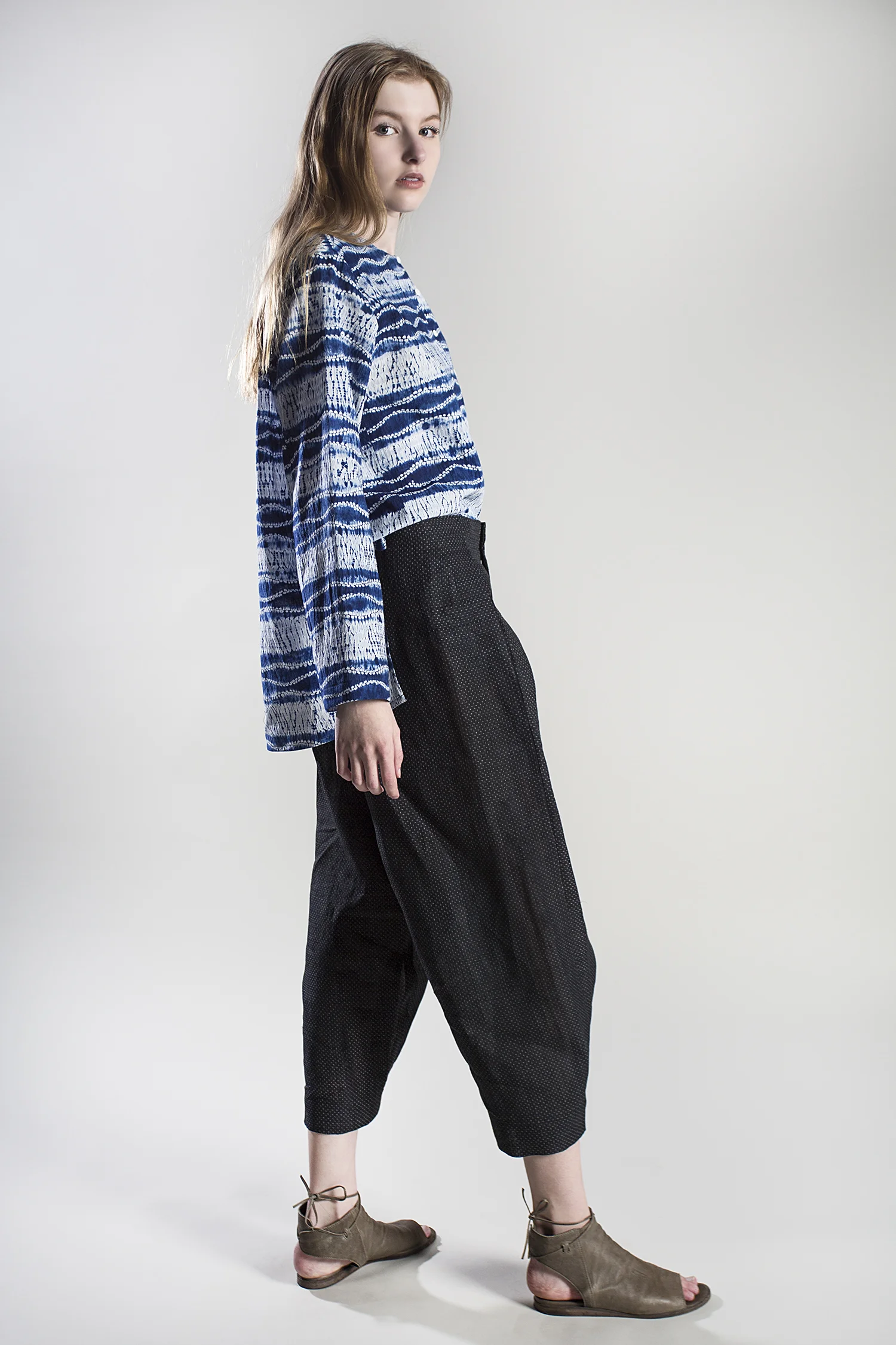 Shibori Blouse in Indigo Tie-Dye $1,395 | Snap Pant in Linen Ikat $695