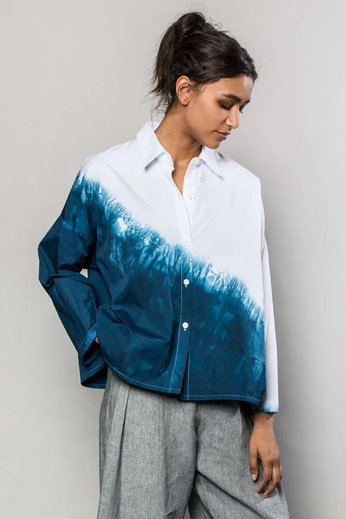 Beverly Shirt in White Dip-dyed Cotton with Indigo $795