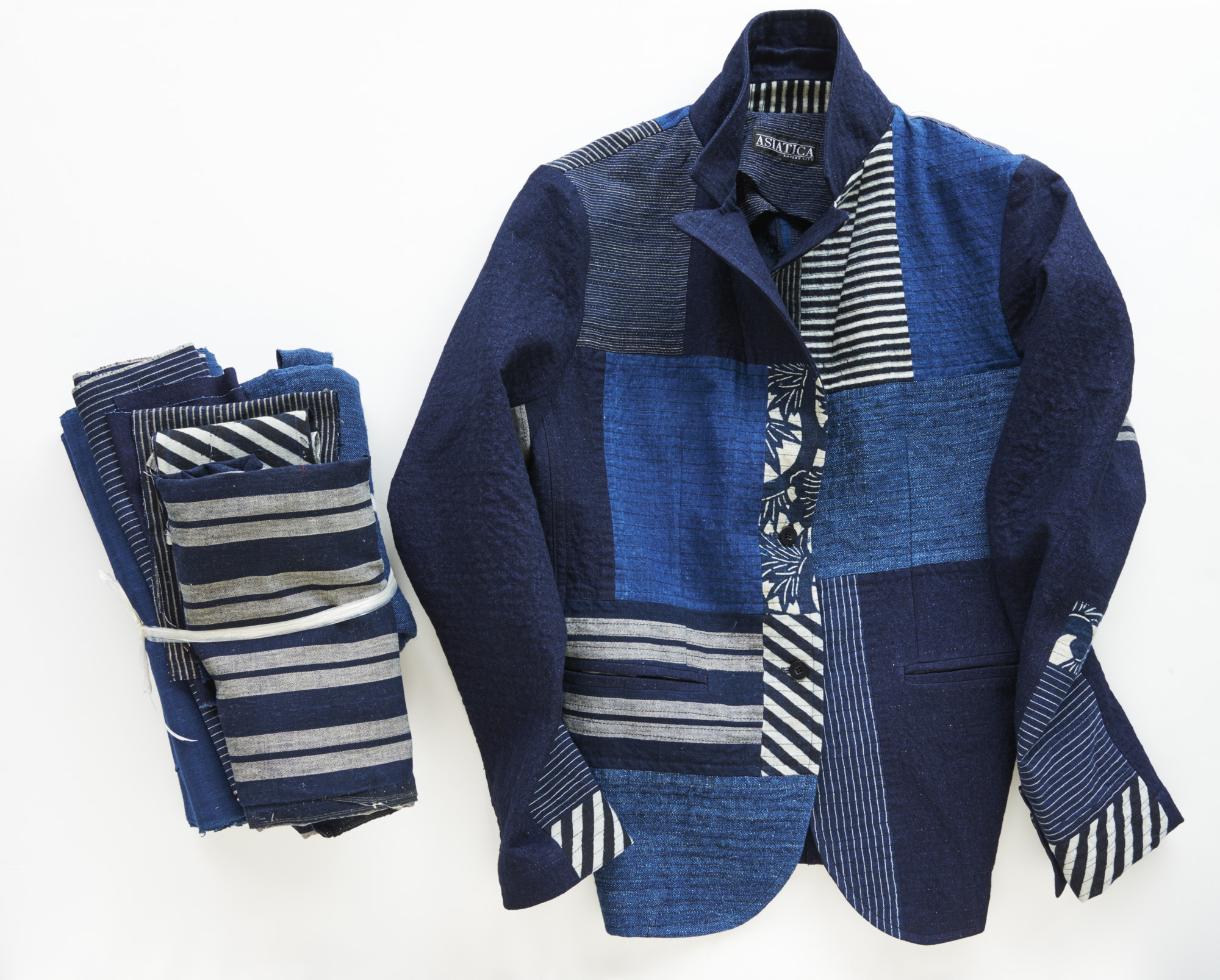 Bundle of Vintage Japanese Indigo Cottons and Patchworked Jacket
