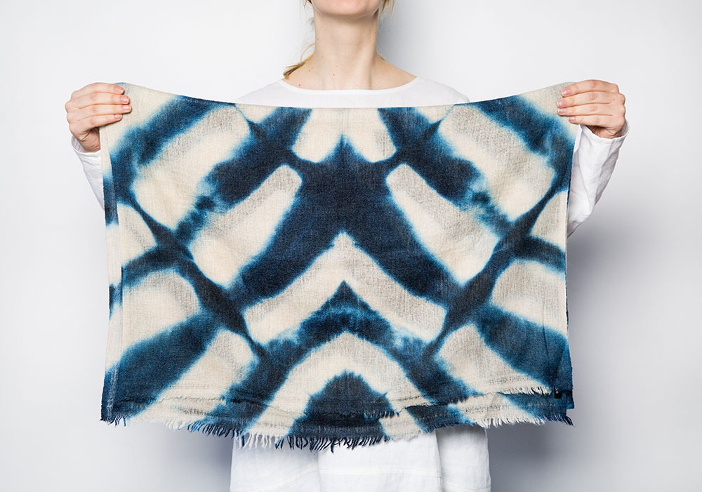 Denovembre Vertigo Tie Dye Scarf in Indigo and Beige Merino Wool $275