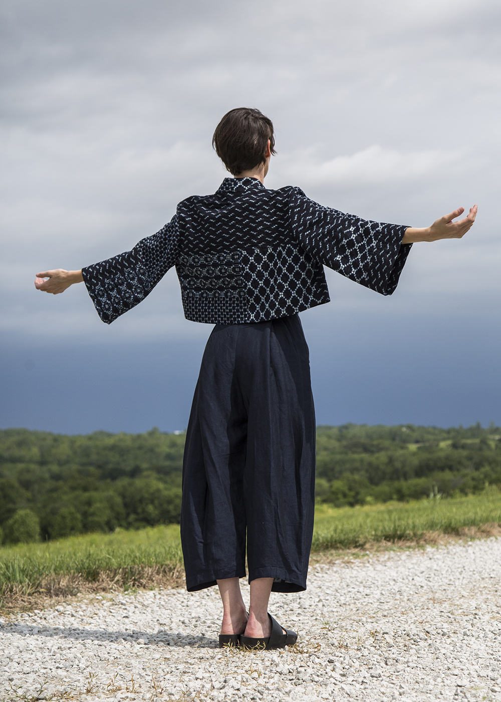 Temple Jacket in a Patchwork of Indigo Ikats | Paris Pant in Linen