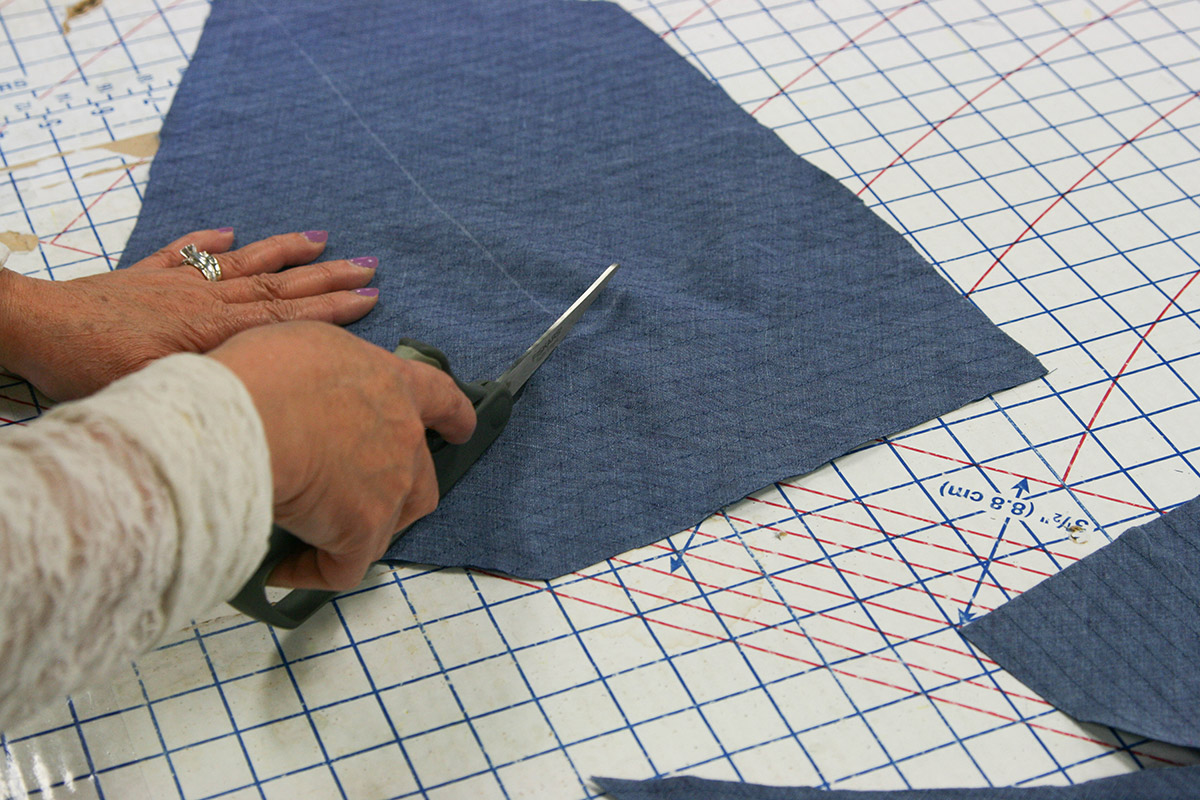 Each large section is cut into smaller geometric pieces.