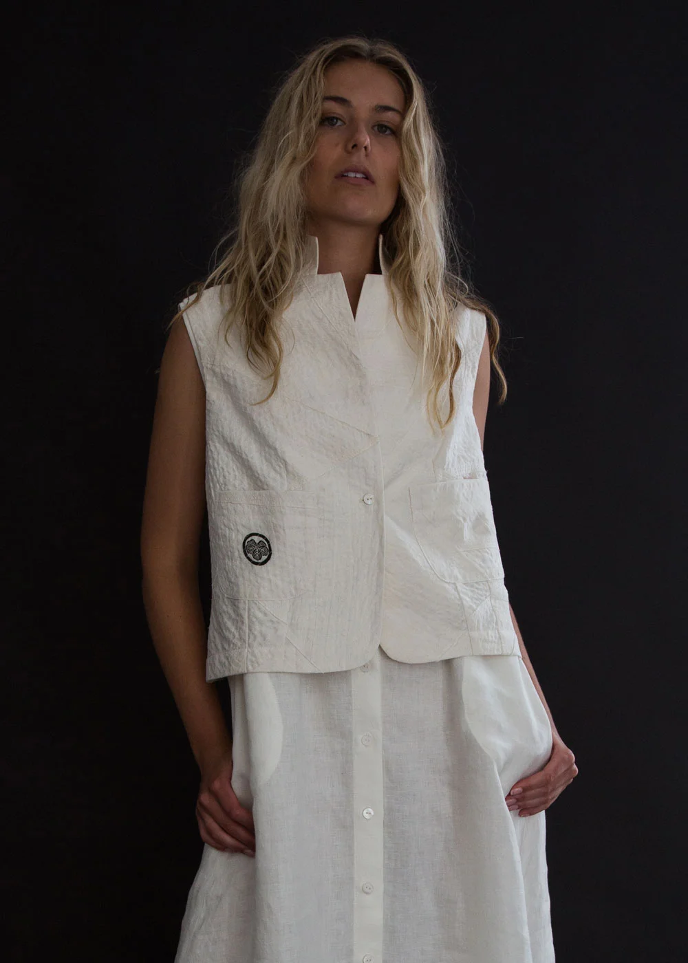 Fitted Vest in Vintage Japanese Linen Stitched to Silk, with Family Crest