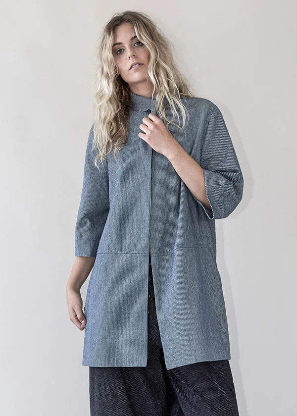 Dorothy Jacket in Blue and White Striped Cotton Denim