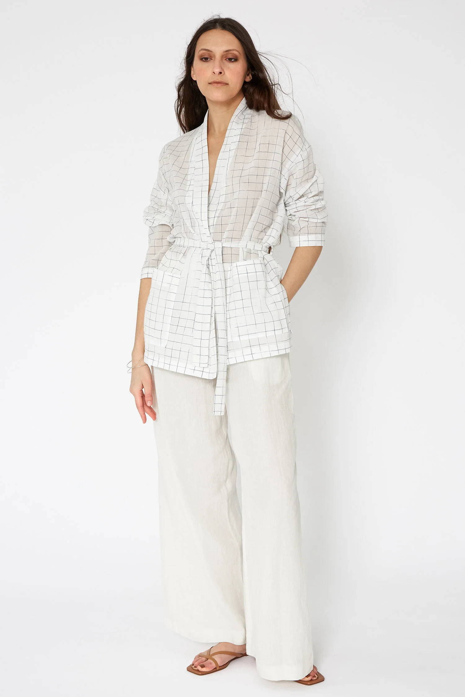 Wrap Up Jacket in Fine White Lightweight Cotton with Blue Grid — ASIATICA