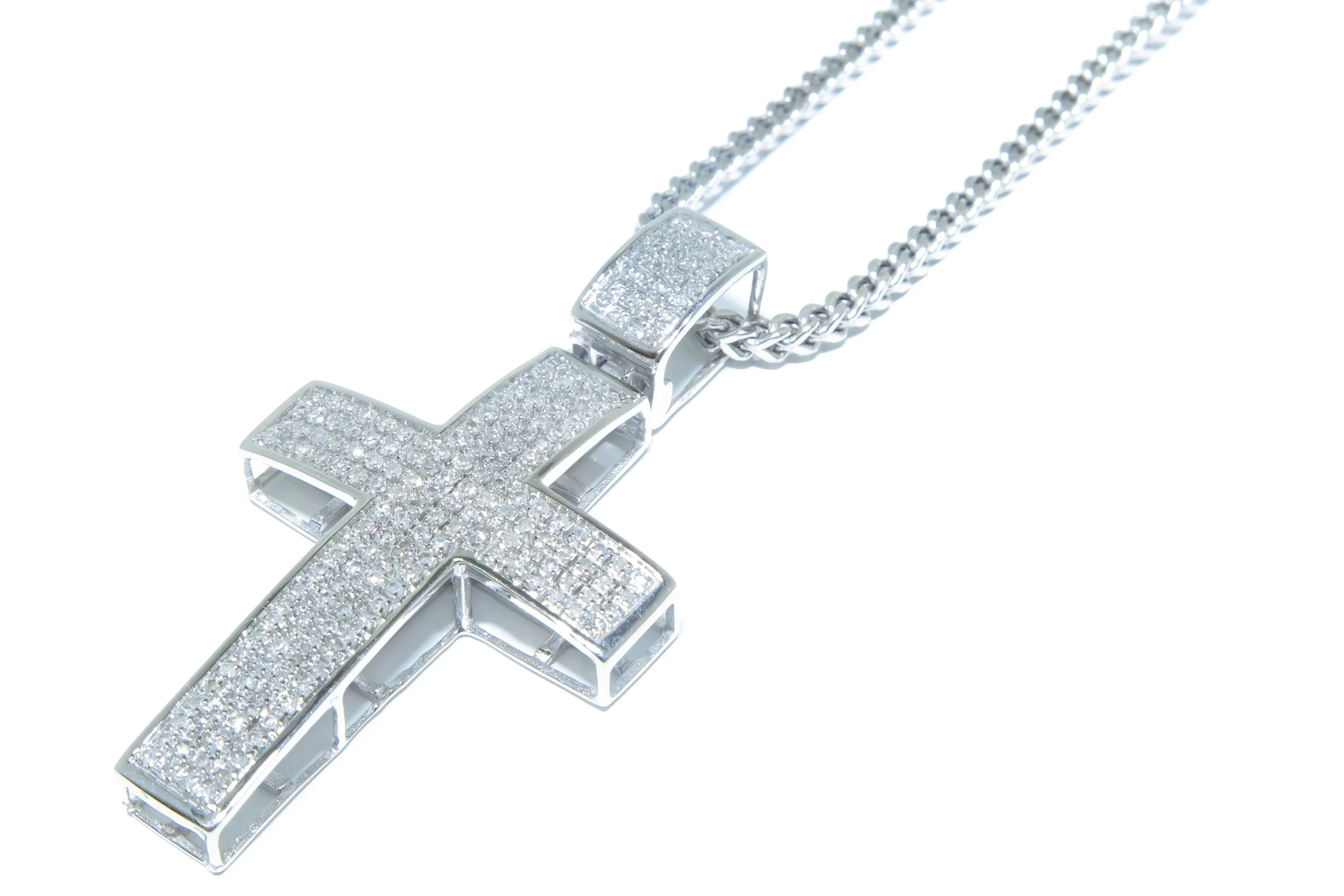 10k White Gold Prong Setting Diamond Cross .64ct W/ 10k Franco Chain