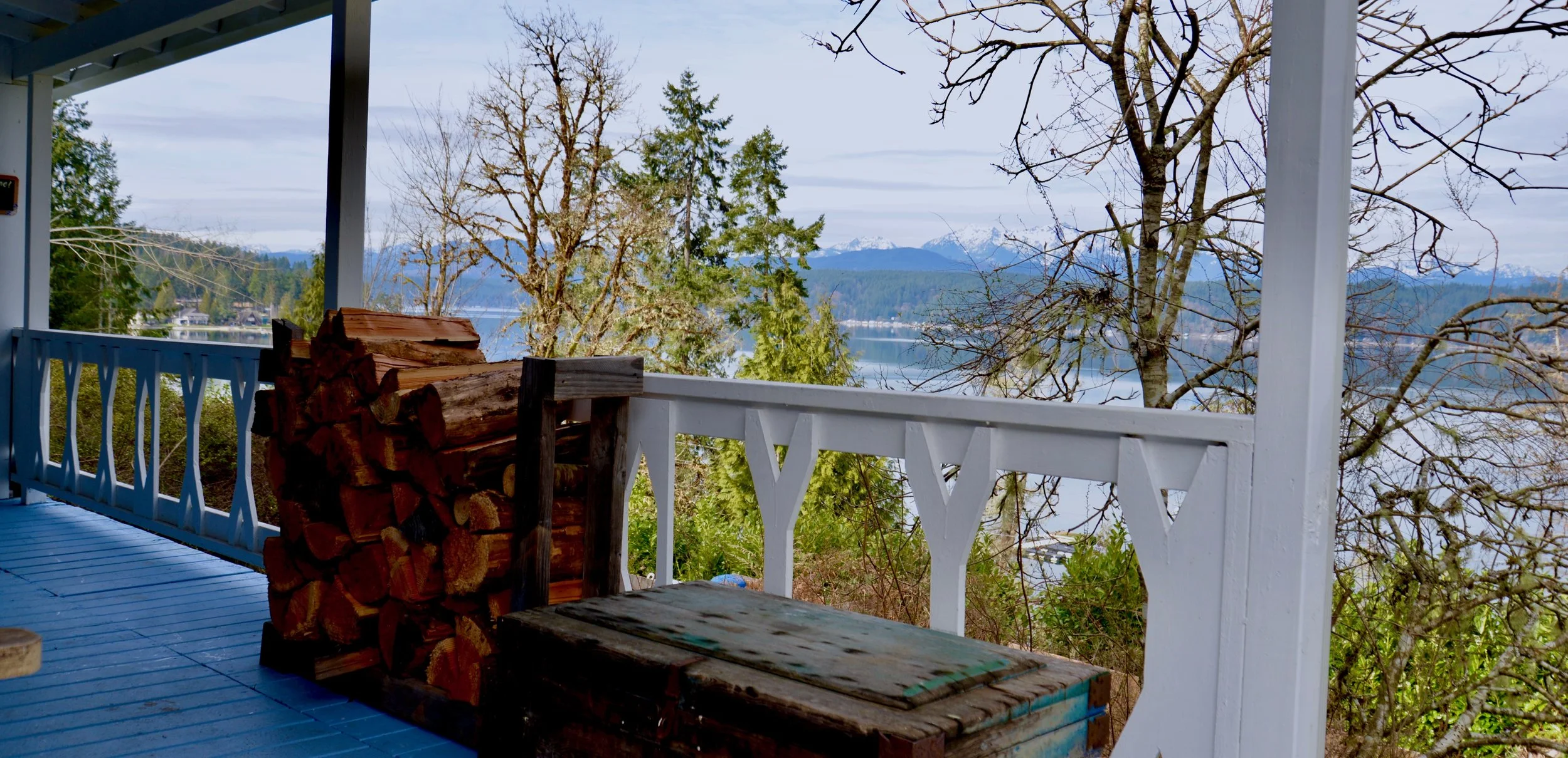 The Olympic view from the Harmony Hill cottage overlooking the Canal in Union, WA