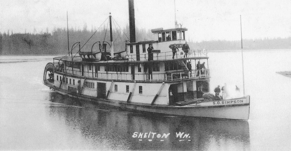 117' sternwheeler, S.G. Simpson in Oakland Bay, Shelton, circa 1911, making the trip from Shelton to Olympia in just 90 minutes on a outgoing tide. photo: Mason County Historical Society.