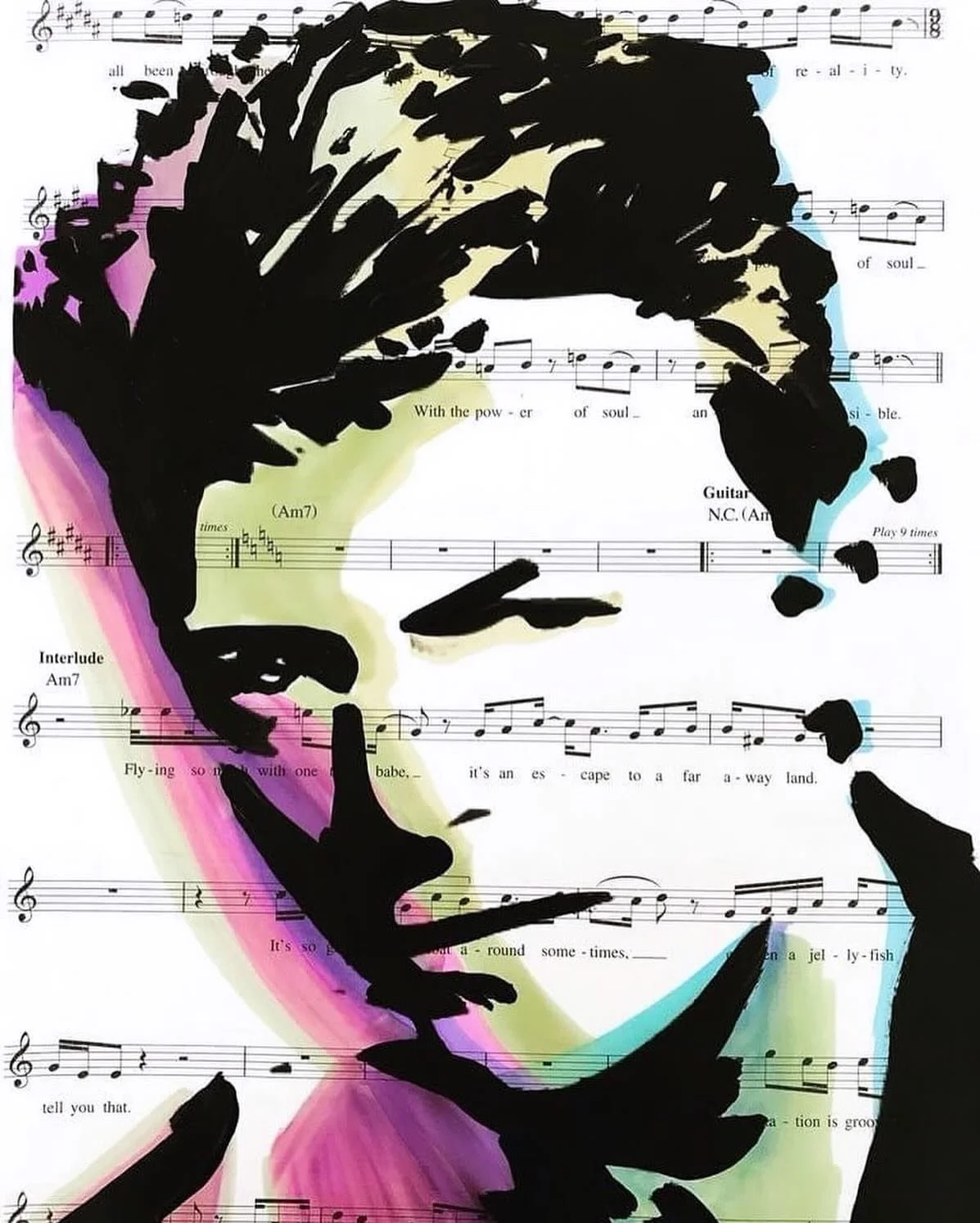 Throwing it back to @davidbowie Mixed media on sheet music. Original size is 9x12. Circa 2017. ✌🏼🧡, AD