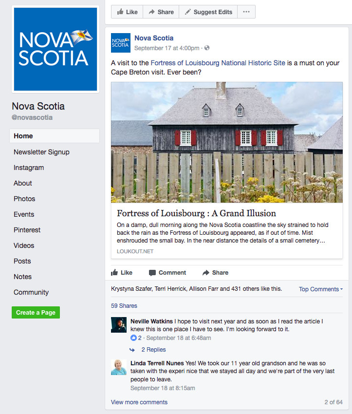 Official facebook Page of Nova Scotia tourism (Photography and text)